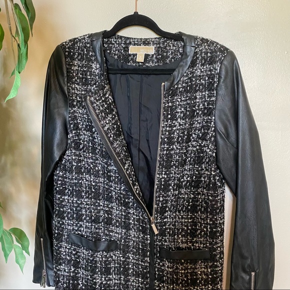 Michael Kors plaid tweed sequin zip up long jacket - Picture 3 of 9